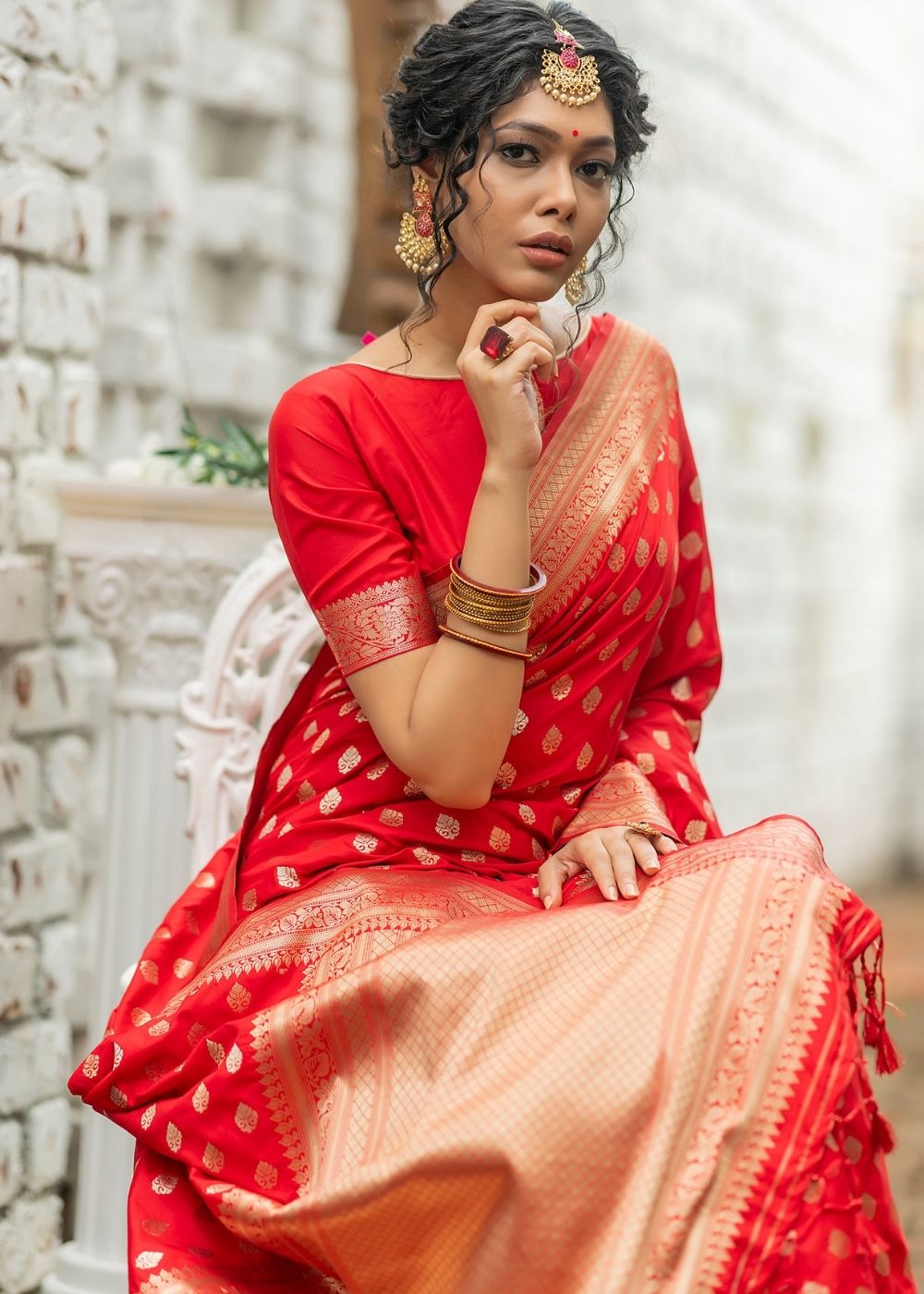 Ferrari Red Soft Banarasi Silk Saree with overall Butti - qivii