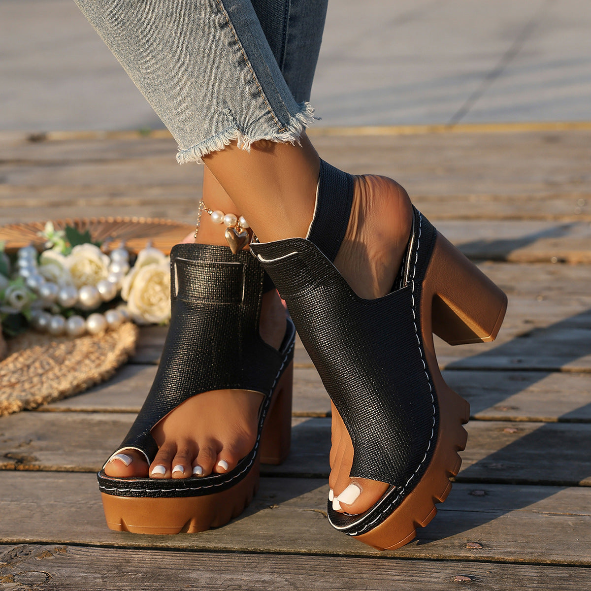 Women's Capri Peep-Toe Toe Ring Platform Chunky Sandals – Buckle Strap Ultra-High Heel Beach Slides (US 5–10.5)