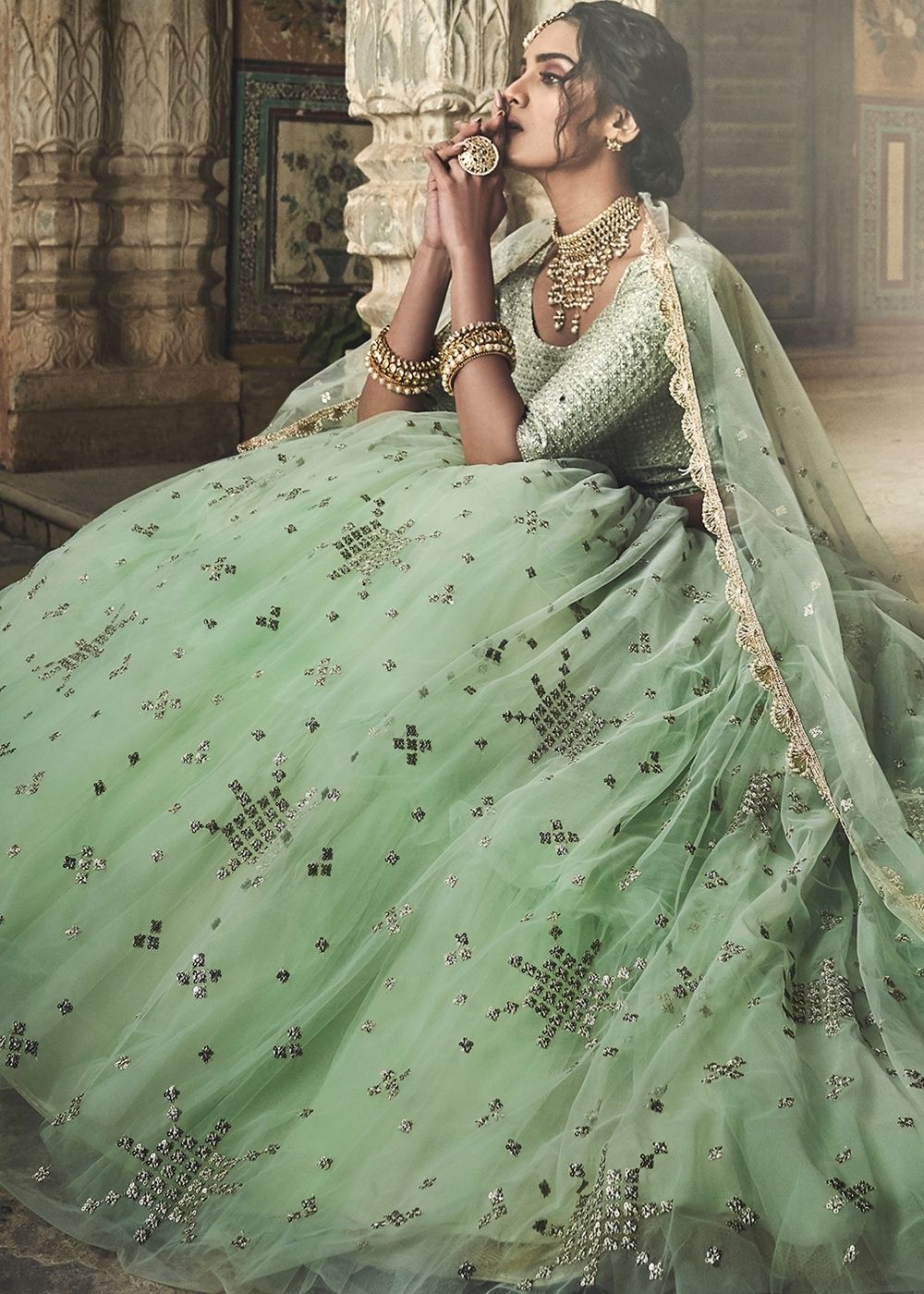 Sea Green Soft Net Lehenga with Sequins & Zari work | Ready To Wear - qivii