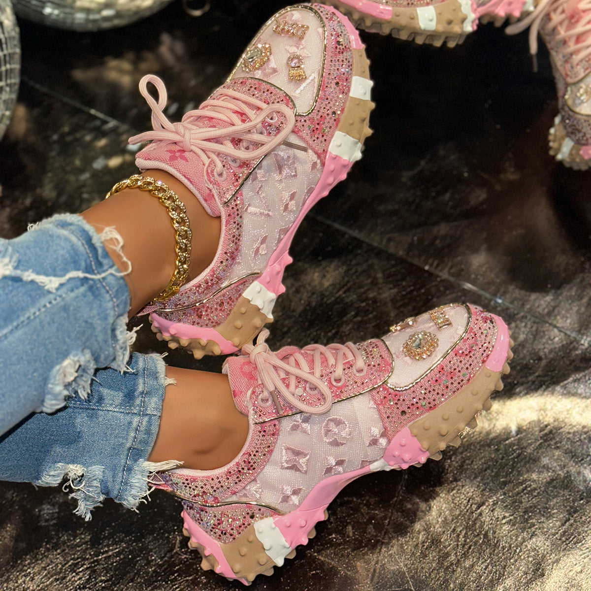 Women’s Lumira Embroidered Letter Mesh Platform Sneakers – Rhinestone Detail Chunky Sole Light Luxury Fashion Sneakers (US 4–10.5)