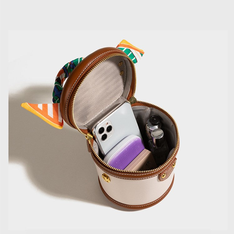 Women's Retro Color-Block Barrel Bag – Mini Cylinder Cosmetic Case with Detachable Silk Scarf & Chain Strap