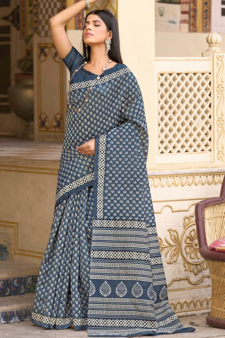 Deep Space Blue Handblock Printed Saree