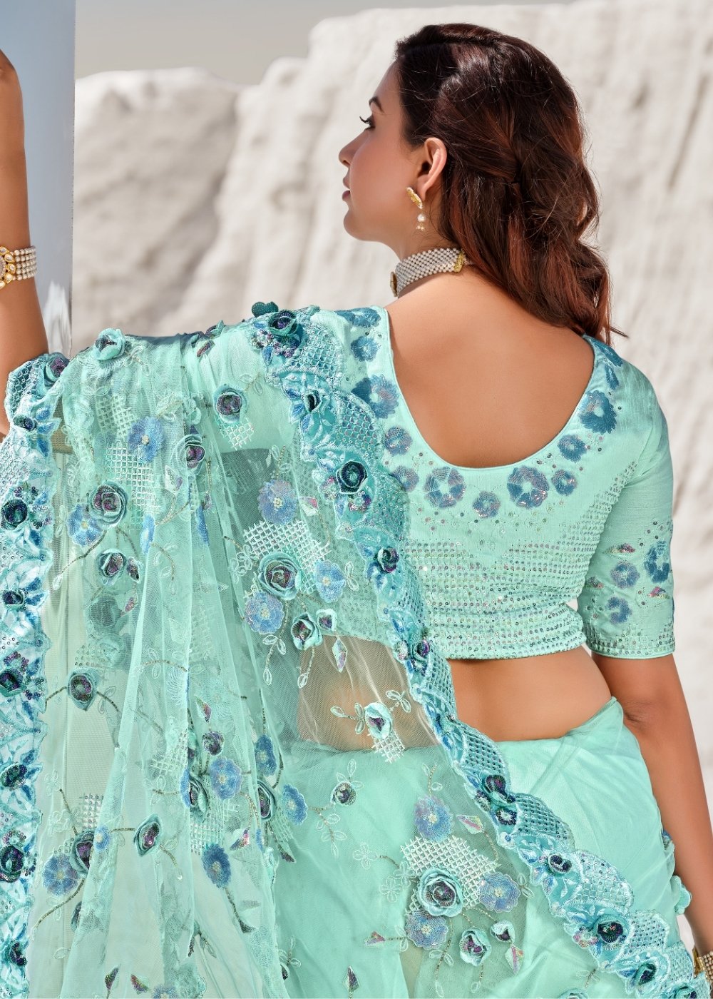 Arctic Blue Designer Net Saree with Hand-Made Flower,Moti & Cut-Dana work