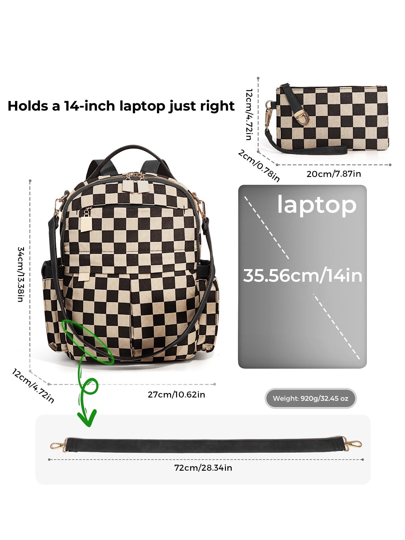 Ounamei Checkered Backpack Purse for Women | Anti-Theft Travel & Work Bag with Matching Pouch