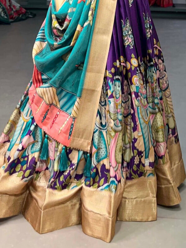 Dola Silk Kalamkari Print With Weaving Border Lehenga Choli in Purple Color