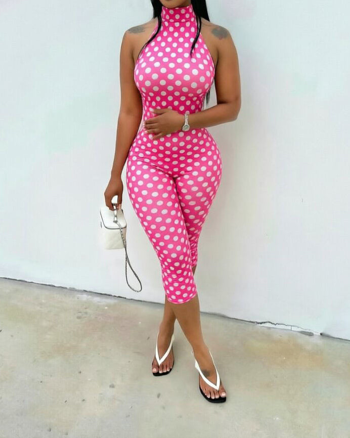 Polka Dot Halter Neck Backless Slim-Fit Stretch Capri Jumpsuit  - By Qivii