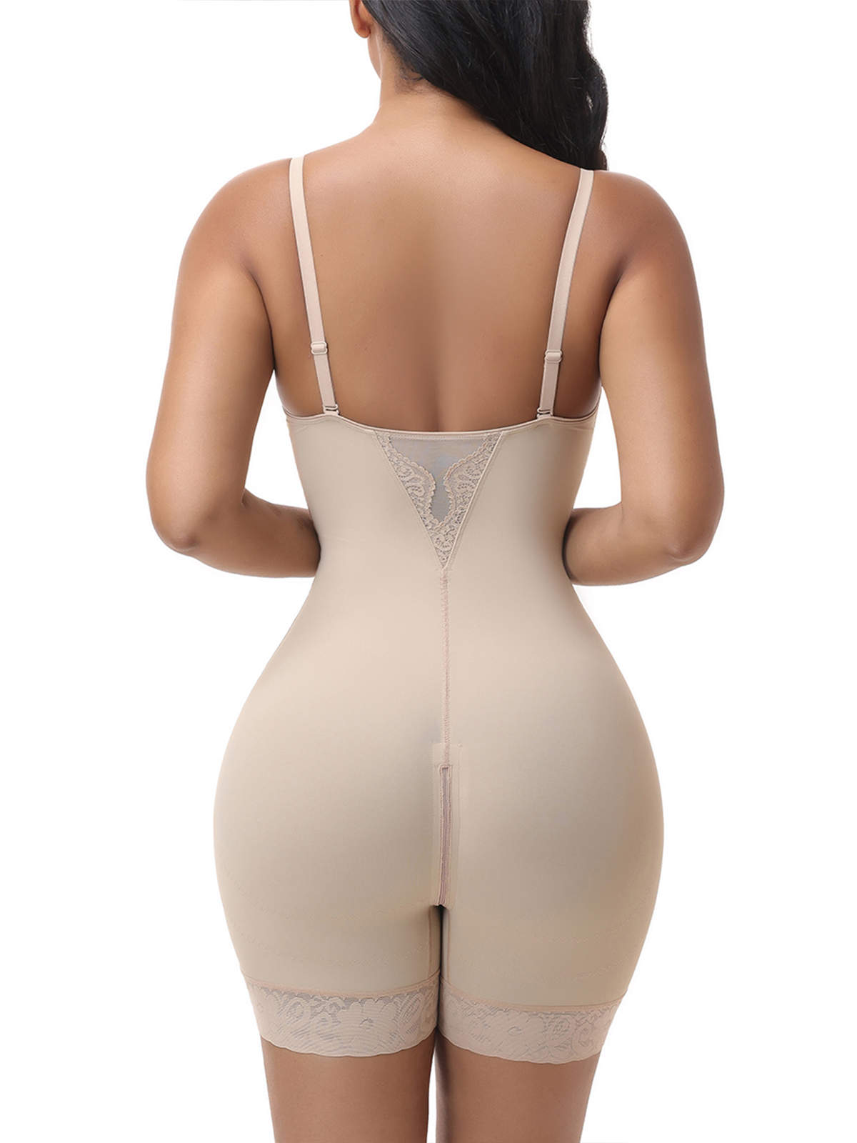 V Neck Adjustable Strap Crotch Zipper Seamless Lace Bodysuit Shapewear