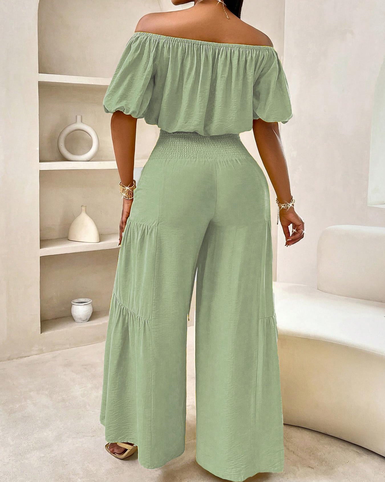 Off Shoulder  Crop Top Waist Tie Front Tiered Wide Leg Pants Two Piece Set  - By Qivii