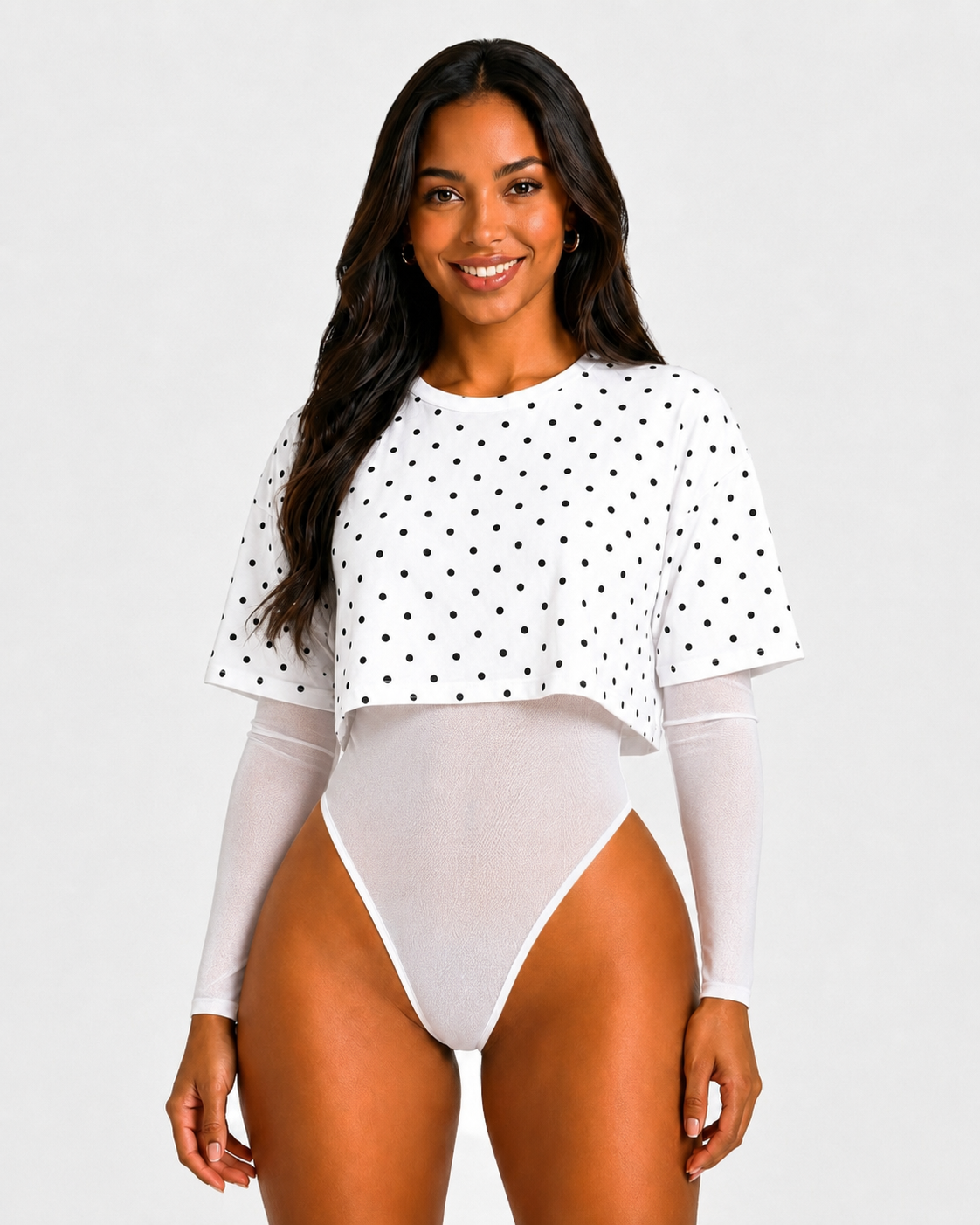 Polka Dot Sheer Mesh One-piece Bodysuit  - By Qivii