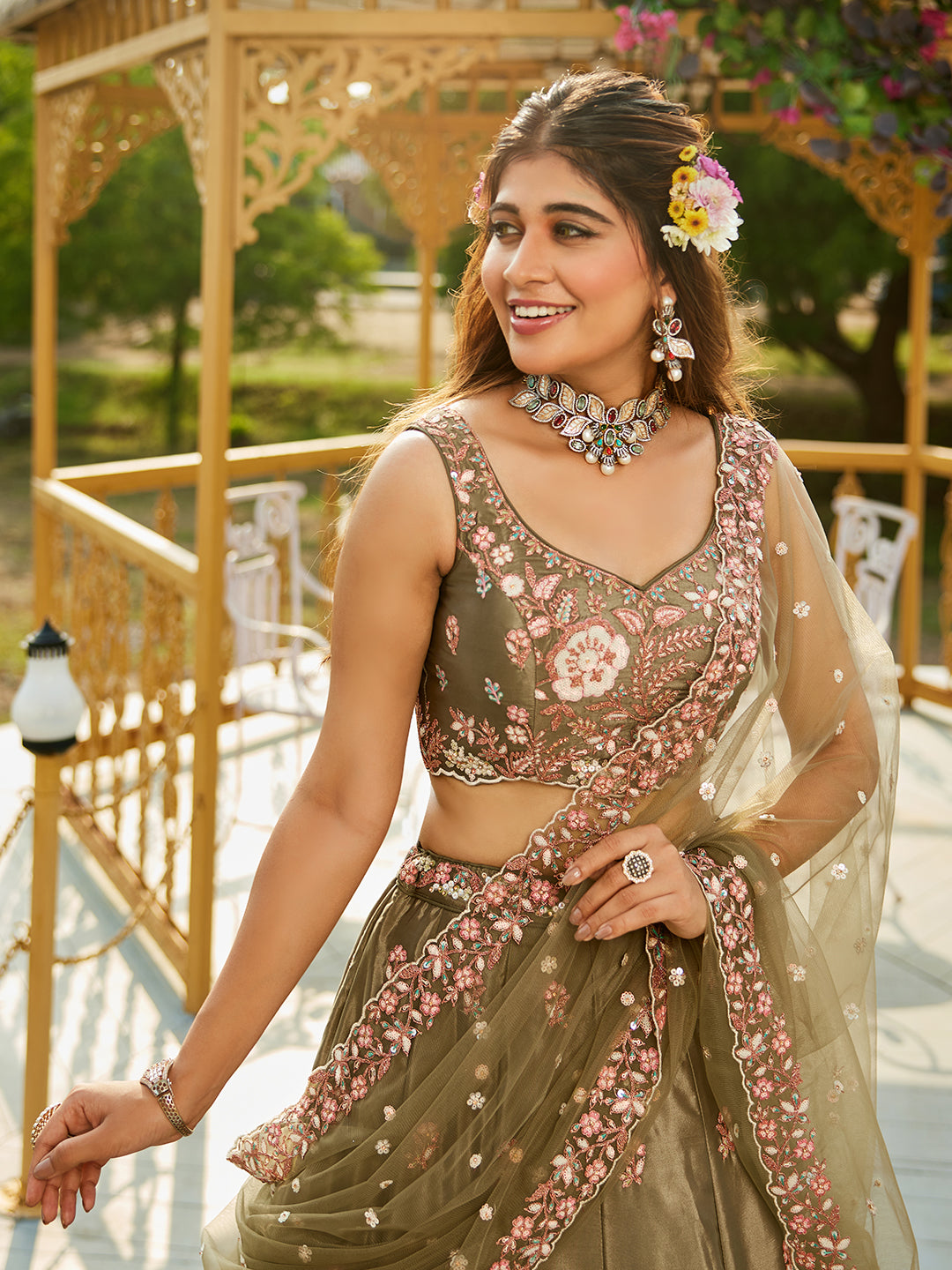 Olive - Satin Sequinse embroidery Semi-Stitched Lehenga choli & Dupatta - qivii