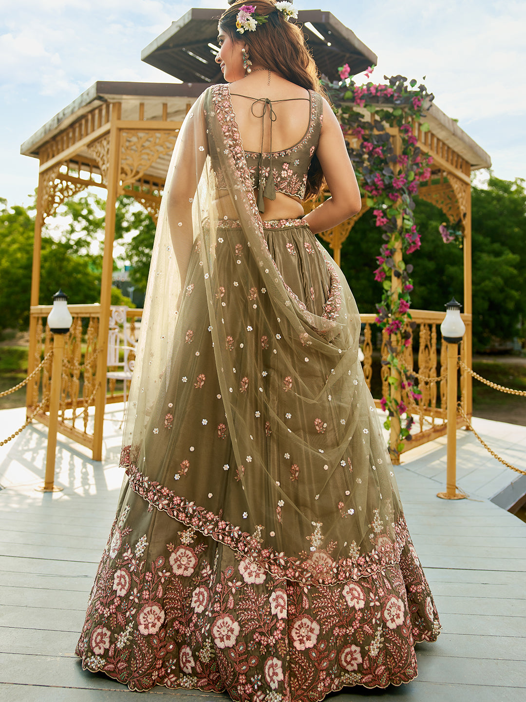 Olive - Satin Sequinse embroidery Semi-Stitched Lehenga choli & Dupatta - qivii