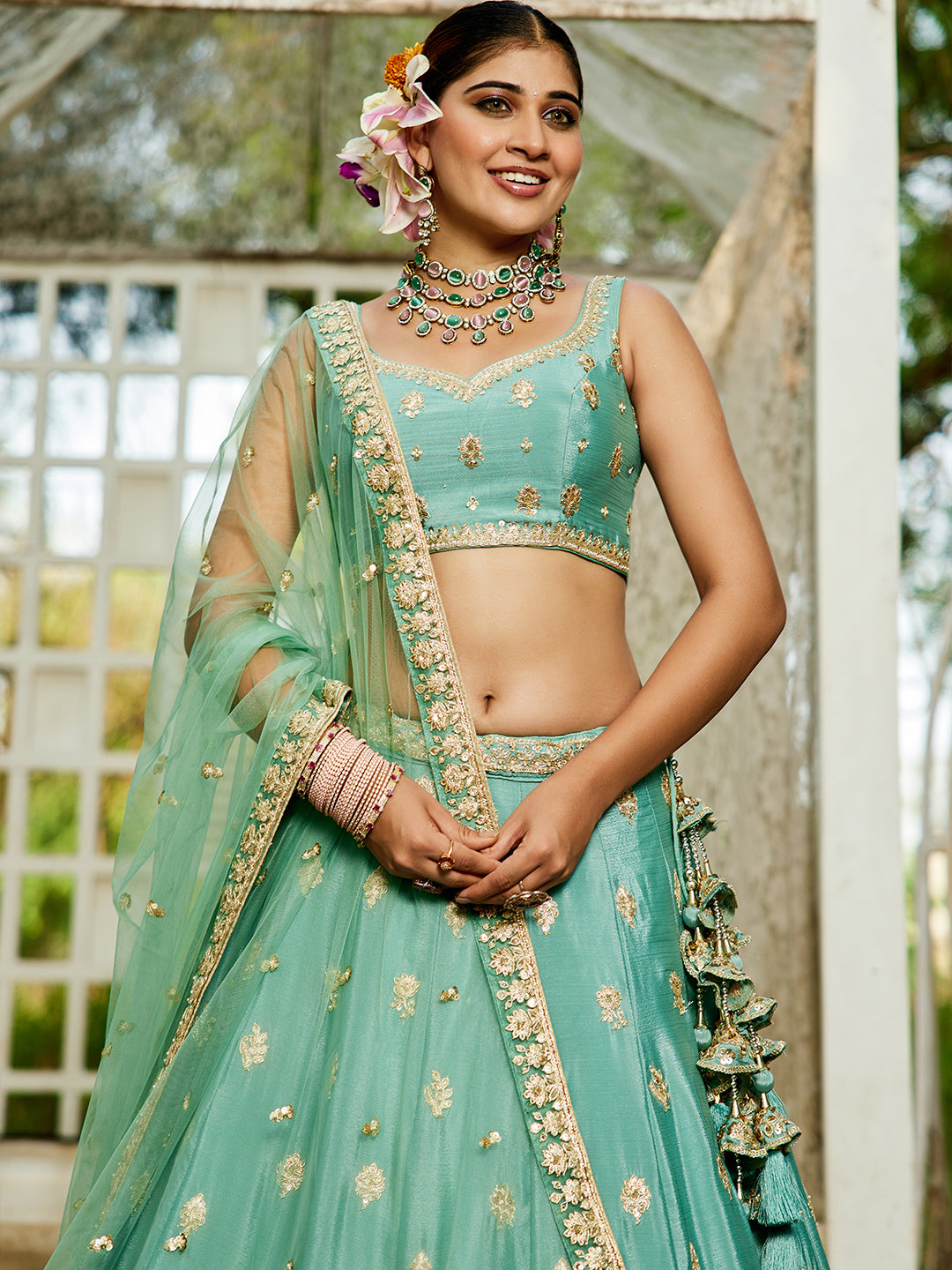Seagreen - Chinnon Sequinse embroidery Semi-Stitched Lehenga choli & Dupatta - qivii