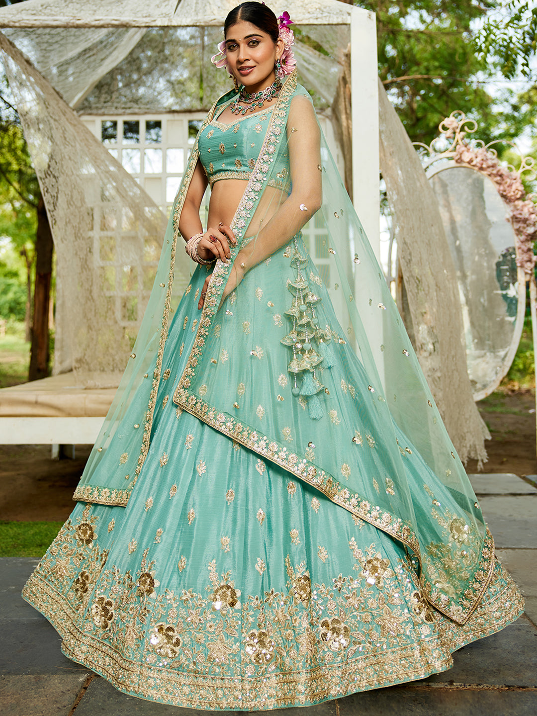 Seagreen - Chinnon Sequinse embroidery Semi-Stitched Lehenga choli & Dupatta - qivii