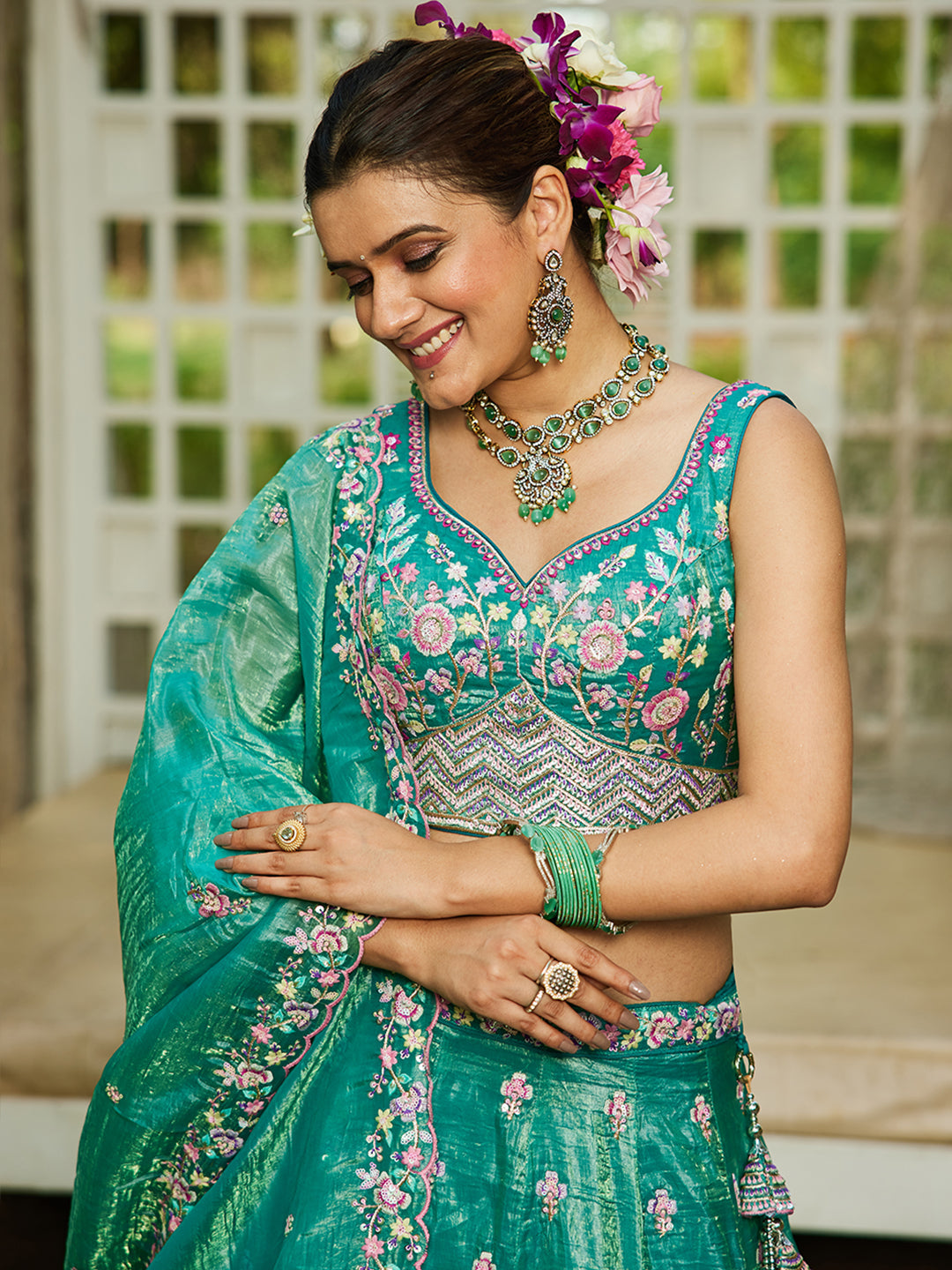 Seagreen - Tissue Sequinse embroidery Semi-Stitched Lehenga choli & Dupatta - qivii