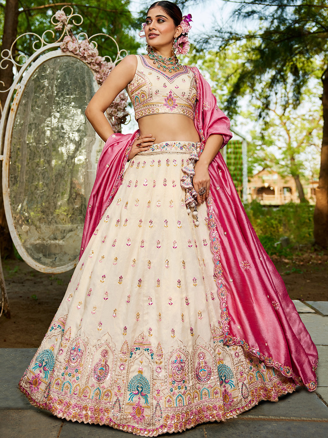Cream - Tissue Sequinse embroidery Lehenga choli & Dupatta