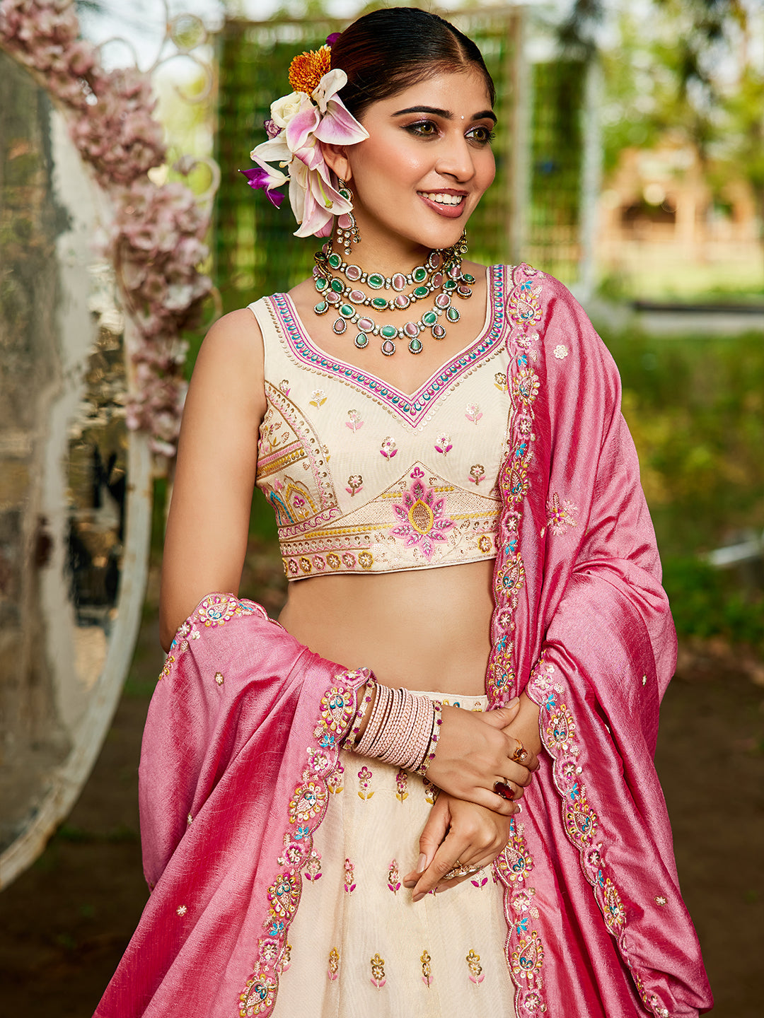 Cream - Tissue Sequinse embroidery Lehenga choli & Dupatta