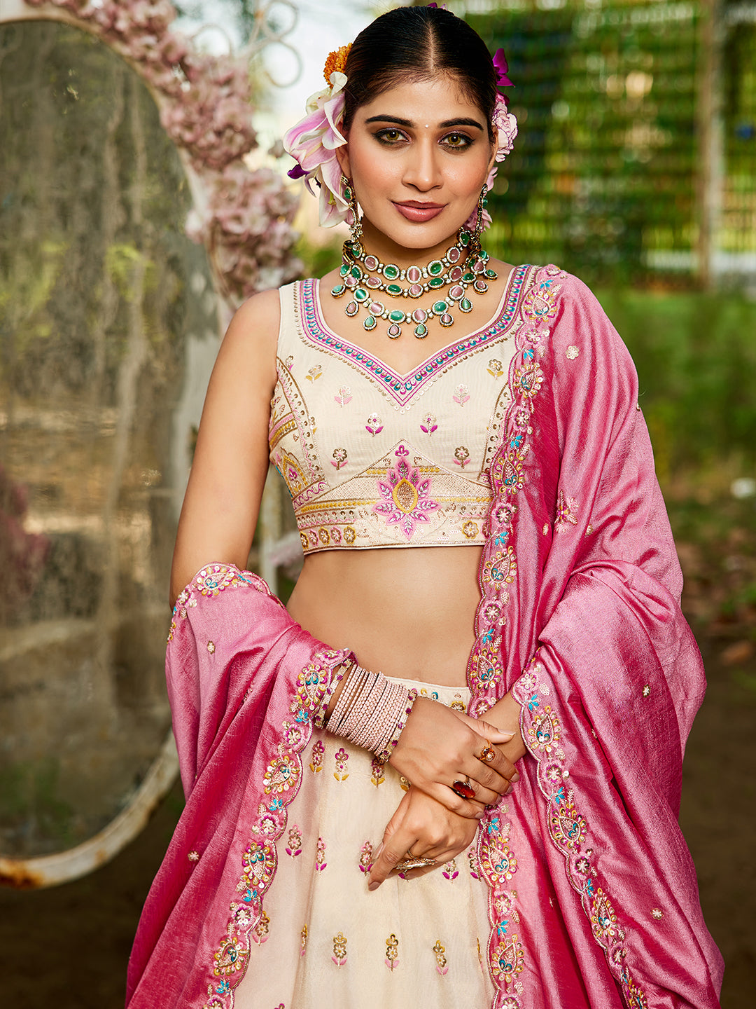 Cream - Tissue Sequinse embroidery Lehenga choli & Dupatta