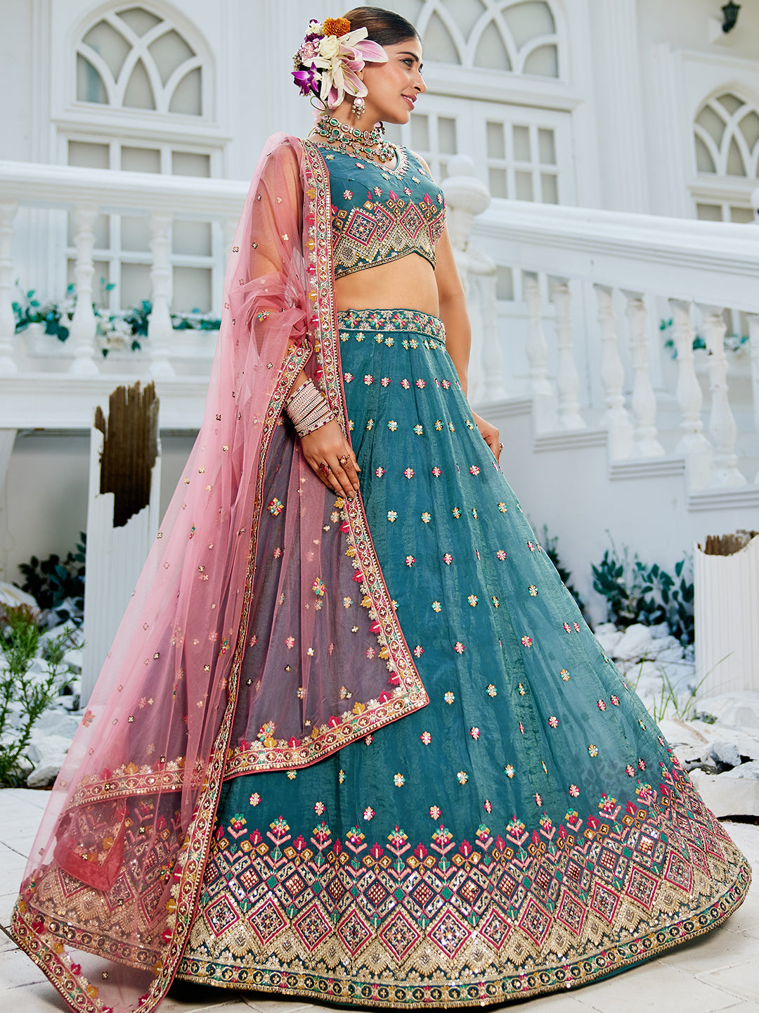 Teal - Tissue Sequinse embroidery Lehenga choli & Dupatta