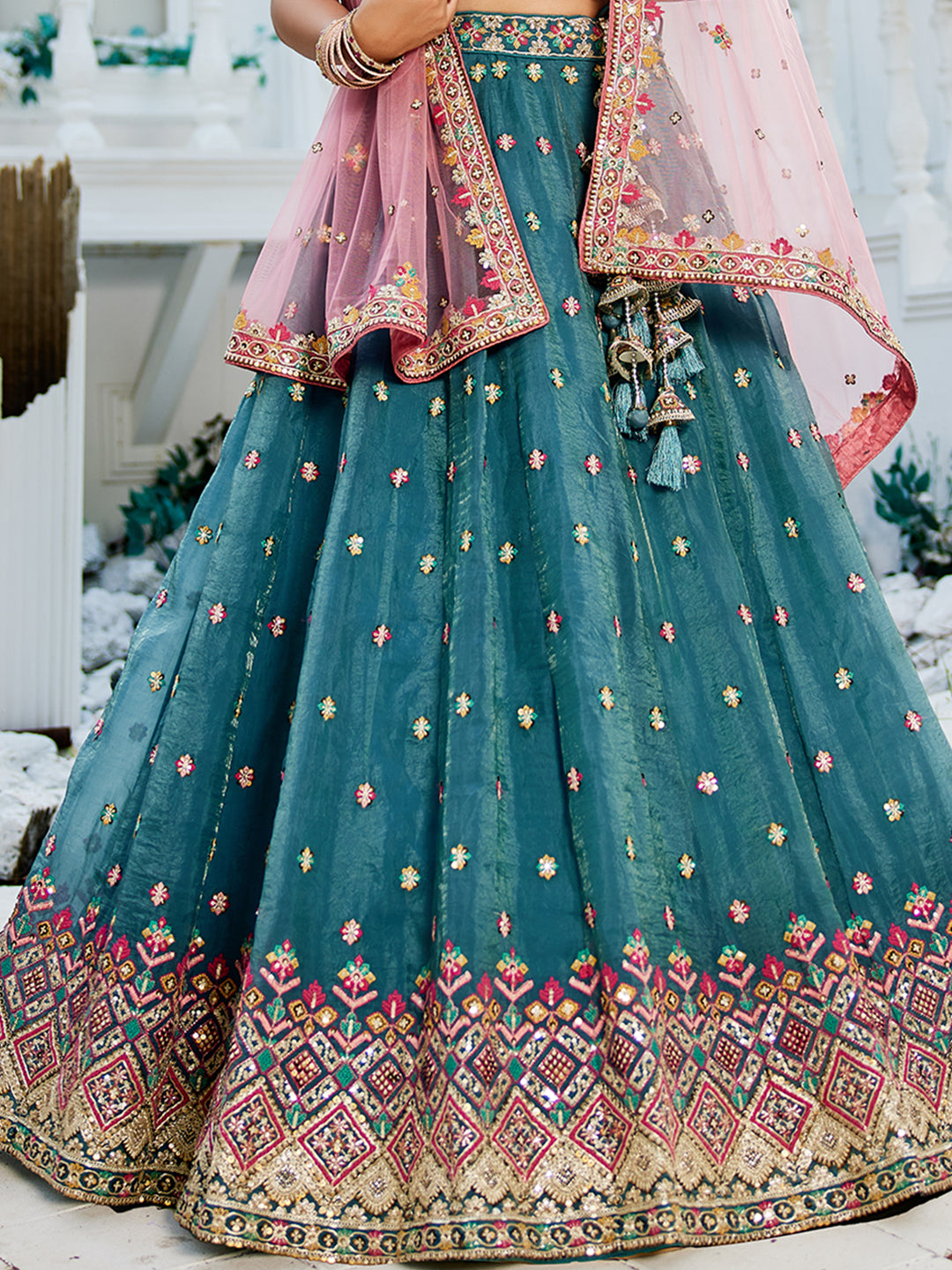 Teal - Tissue Sequinse embroidery Lehenga choli & Dupatta