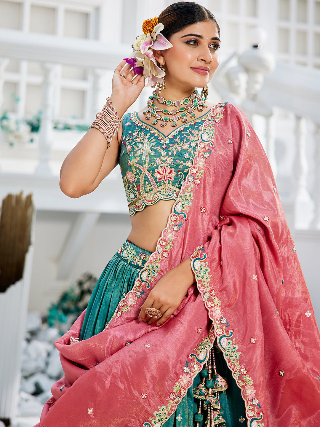 Seagreen - Satin Sequinse embroidery Semi-Stitched Lehenga choli & Dupatta - qivii