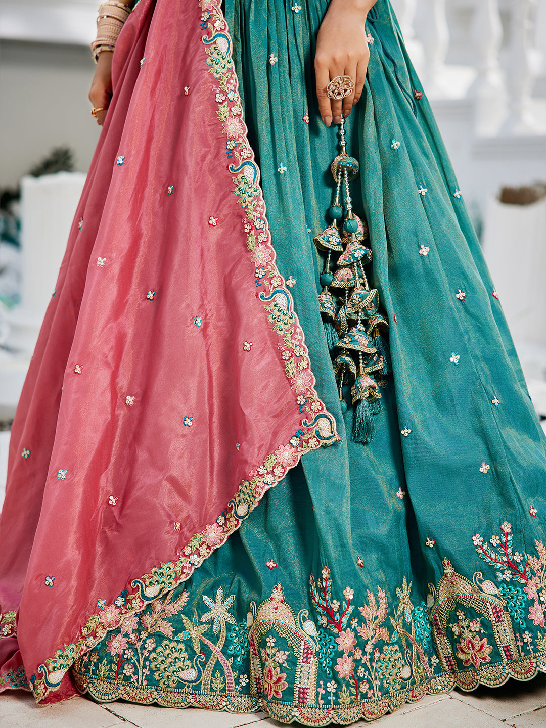 Seagreen - Satin Sequinse embroidery Semi-Stitched Lehenga choli & Dupatta - qivii