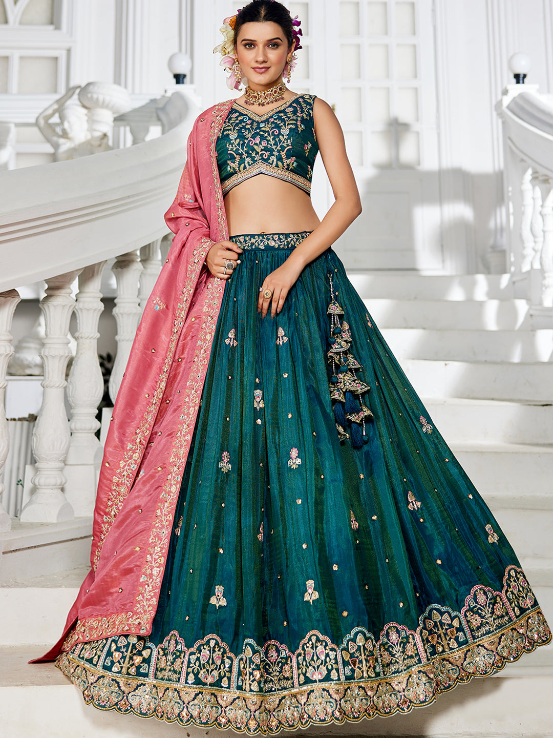 Teal - Satin Sequinse embroidery Semi-Stitched Lehenga choli & Dupatta