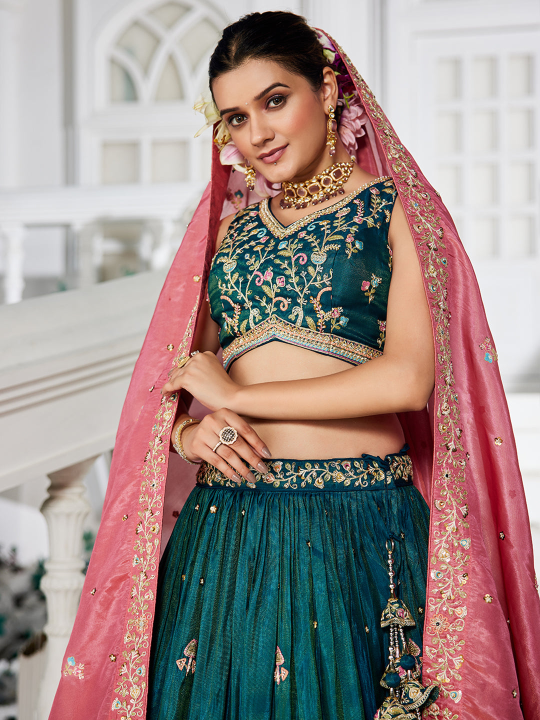 Teal - Satin Sequinse embroidery Lehenga choli & Dupatta