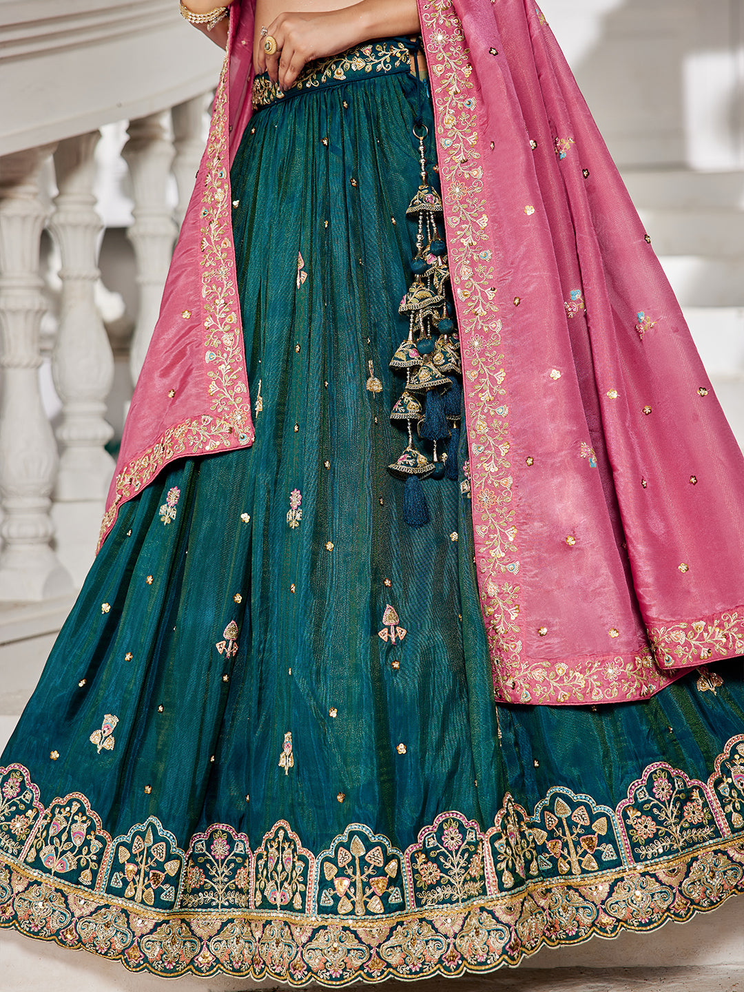 Teal - Satin Sequinse embroidery Lehenga choli & Dupatta