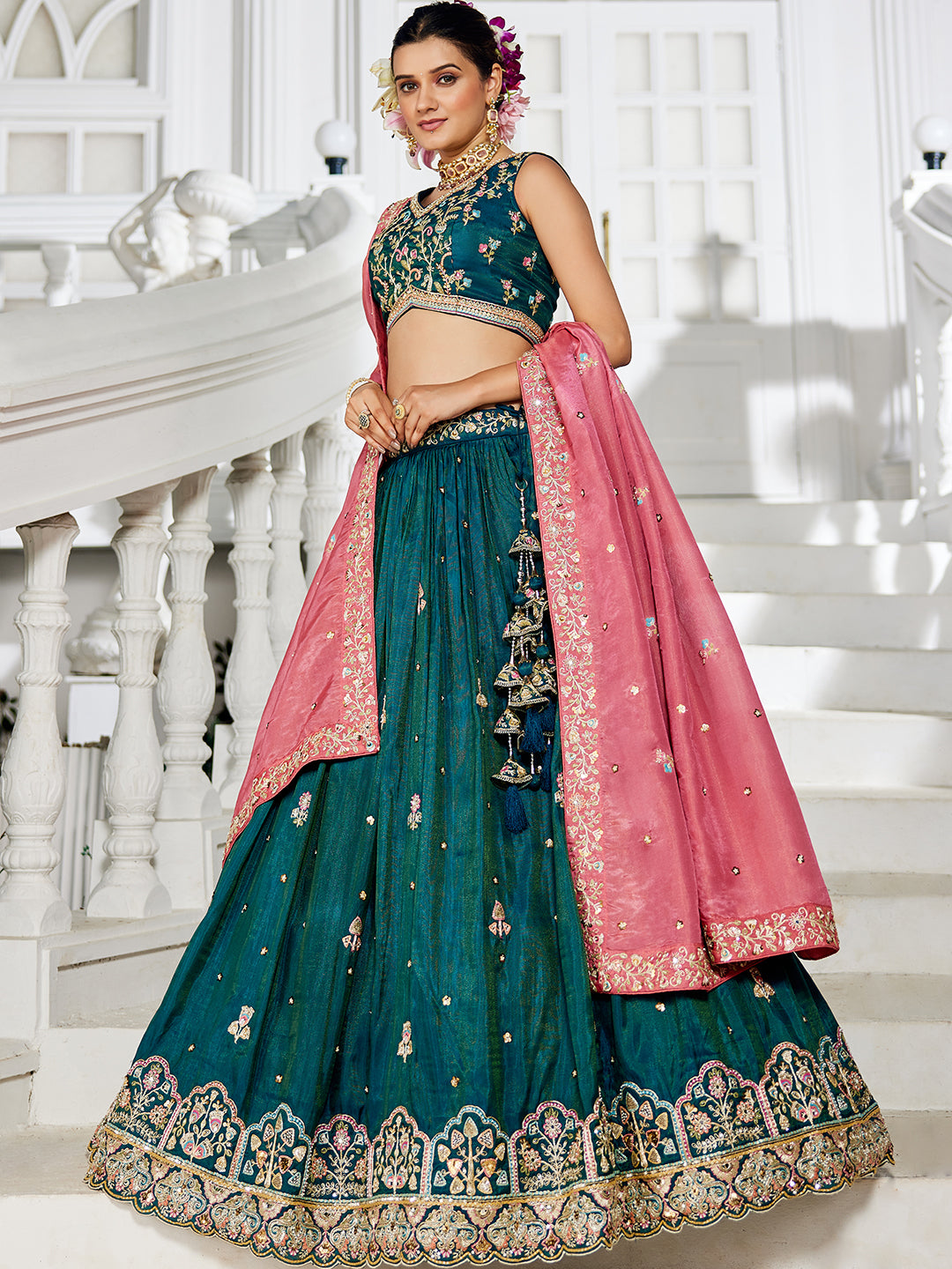 Teal - Satin Sequinse embroidery Lehenga choli & Dupatta