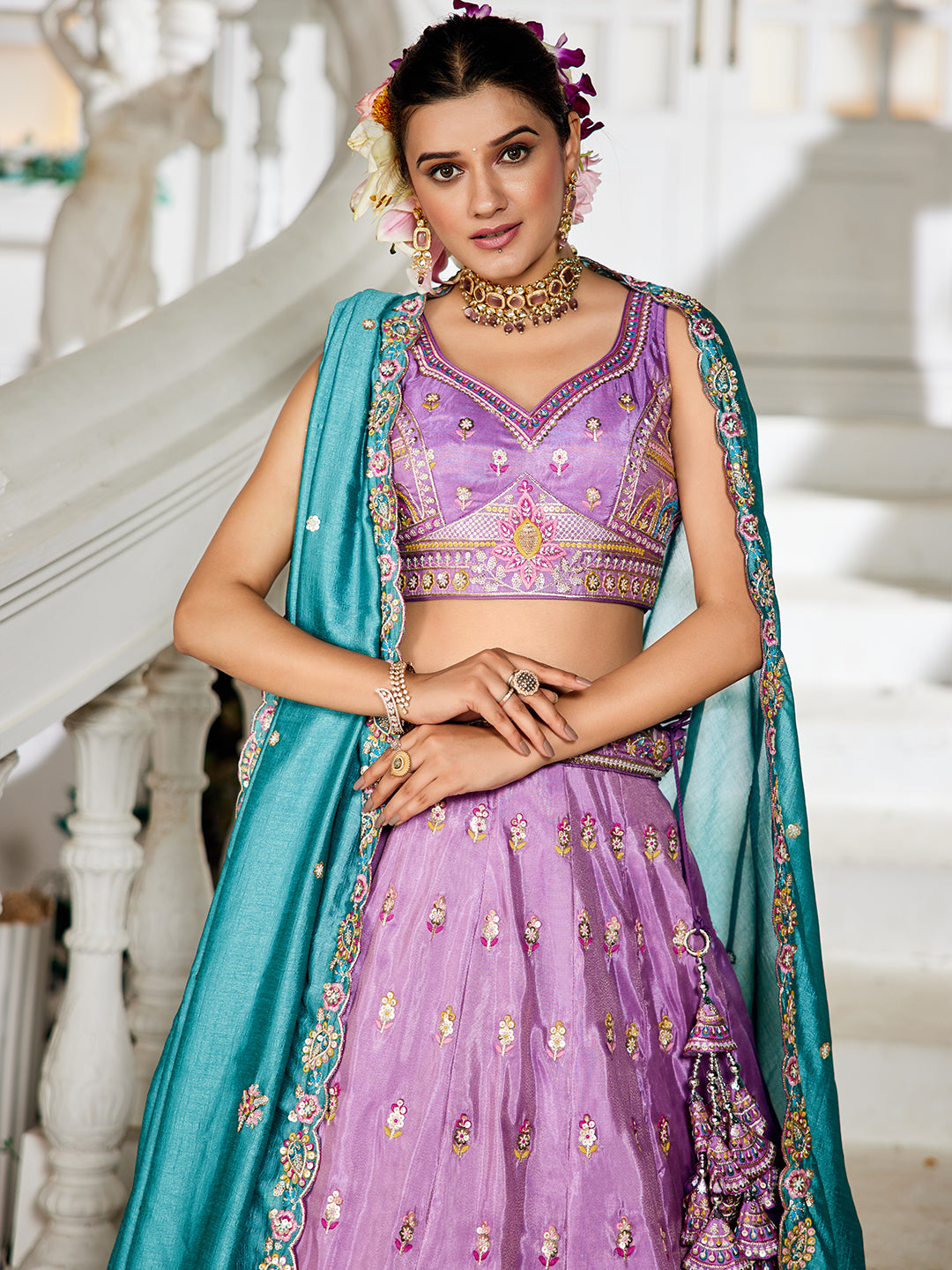 Lavender - Tissue Sequinse embroidery Semi-Stitched Lehenga choli & Dupatta