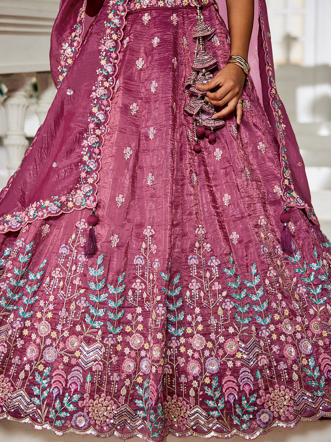 Burgundy - Tissue Sequinse embroidery Semi-Stitched Lehenga choli & Dupatta - qivii