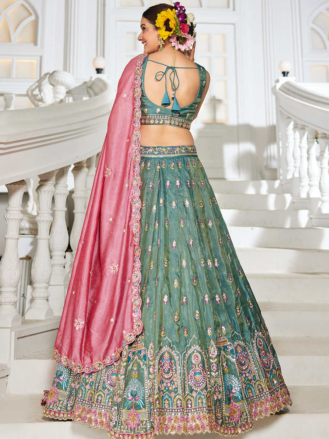 Seagreen - Tissue Sequinse embroidery Semi-Stitched Lehenga choli & Dupatta