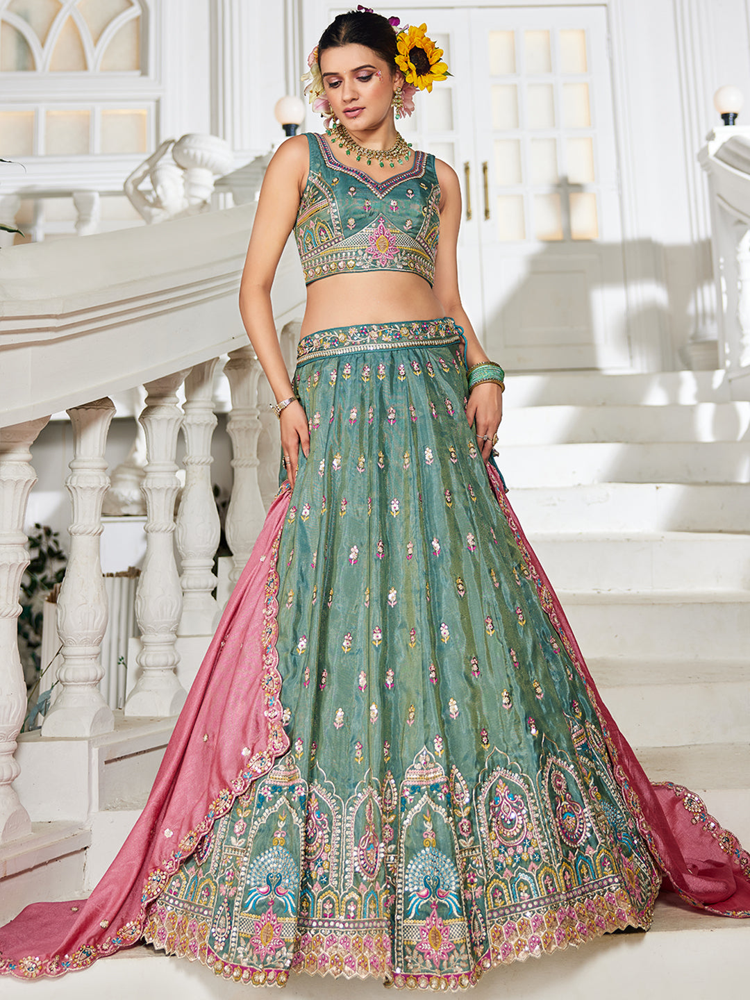 Seagreen - Tissue Sequinse embroidery Semi-Stitched Lehenga choli & Dupatta
