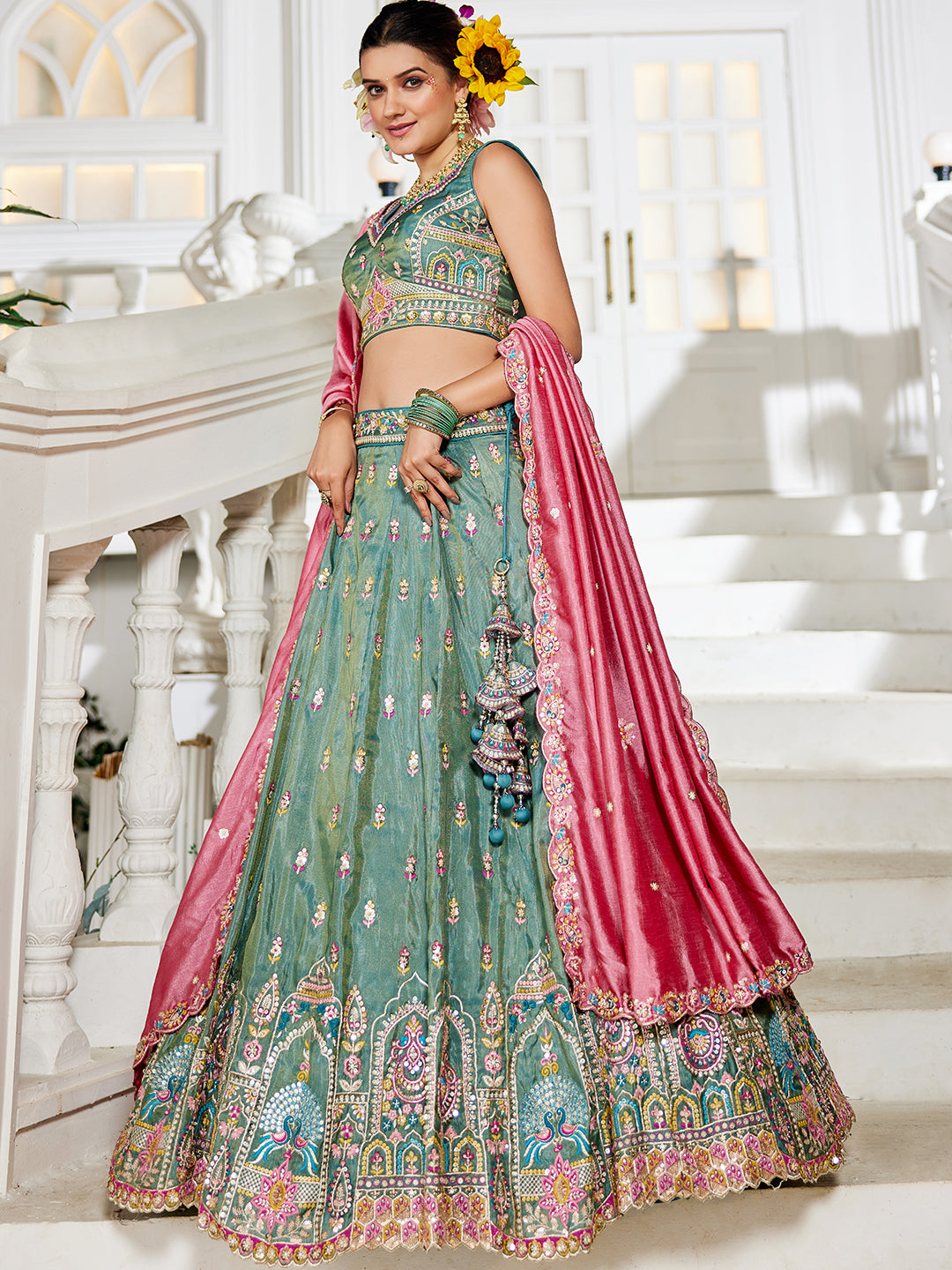 Seagreen - Tissue Sequinse embroidery Semi-Stitched Lehenga choli & Dupatta