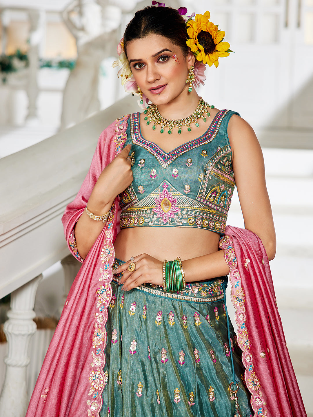 Seagreen - Tissue Sequinse embroidery Semi-Stitched Lehenga choli & Dupatta