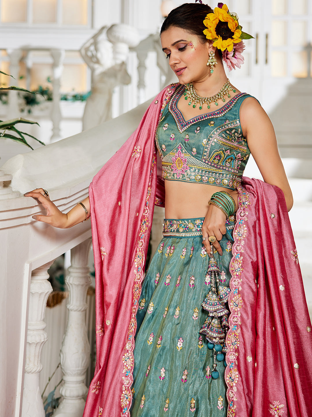 Seagreen - Tissue Sequinse embroidery Semi-Stitched Lehenga choli & Dupatta