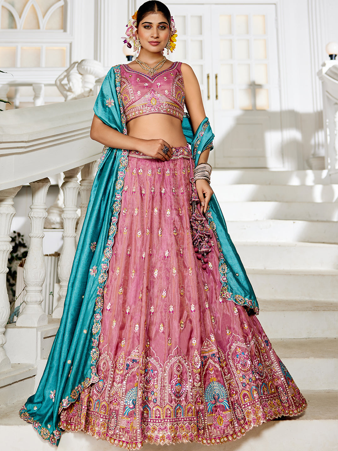 Pink - Tissue Sequinse embroidery Lehenga choli & Dupatta