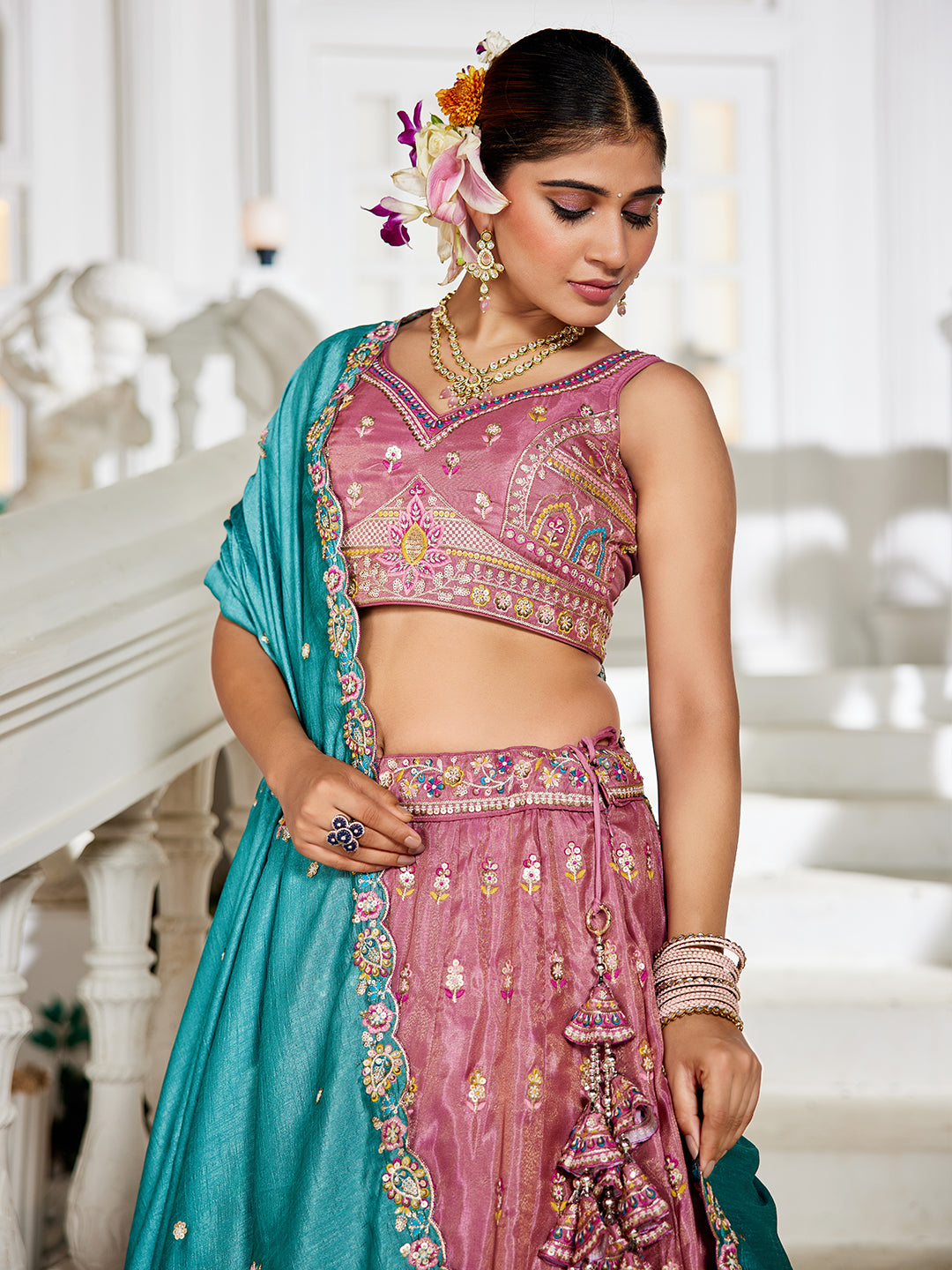 Pink - Tissue Sequinse embroidery Lehenga choli & Dupatta