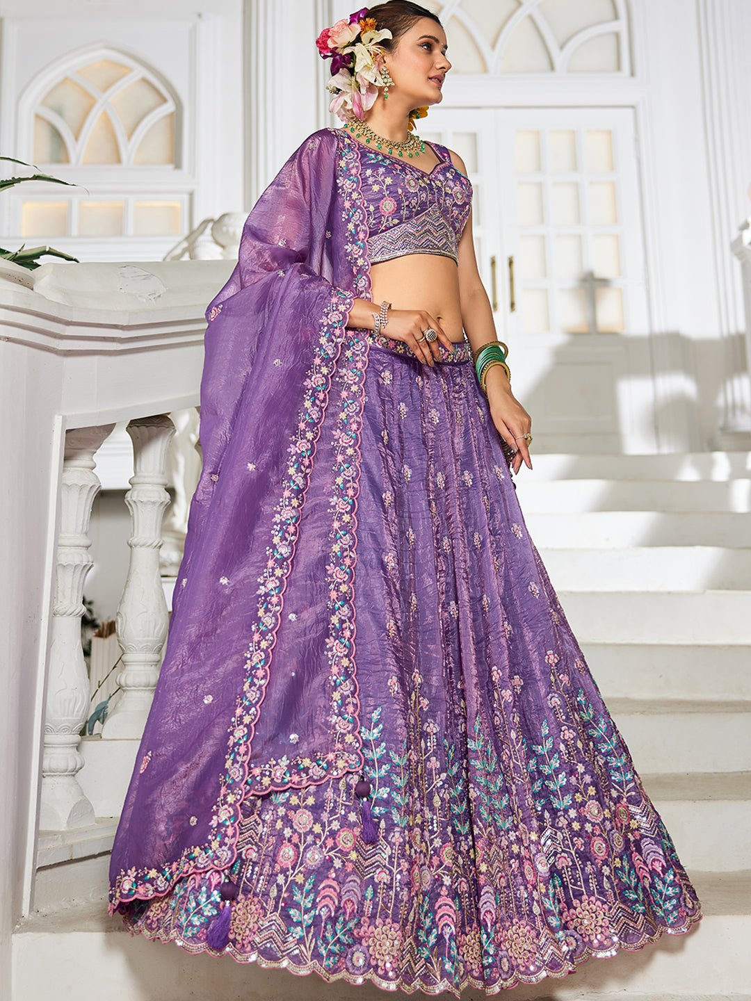 Purple - Tissue Sequinse embroidery Semi-Stitched Lehenga choli & Dupatta - qivii