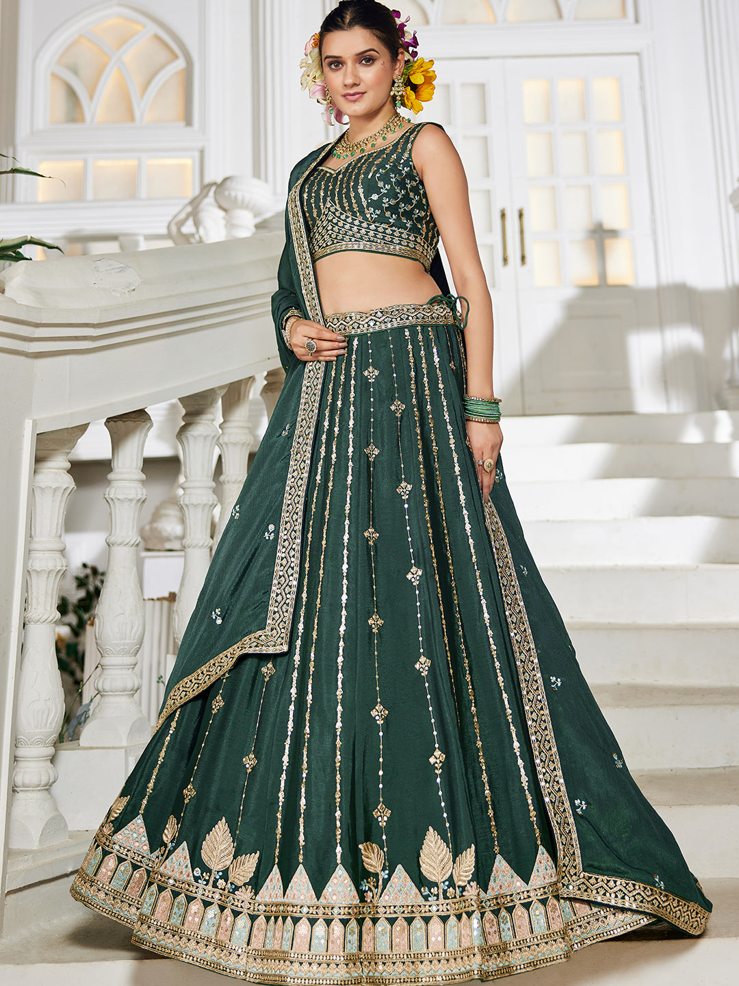GREEN - Georgette Sequinse embroidery Lehenga choli & Dupatta