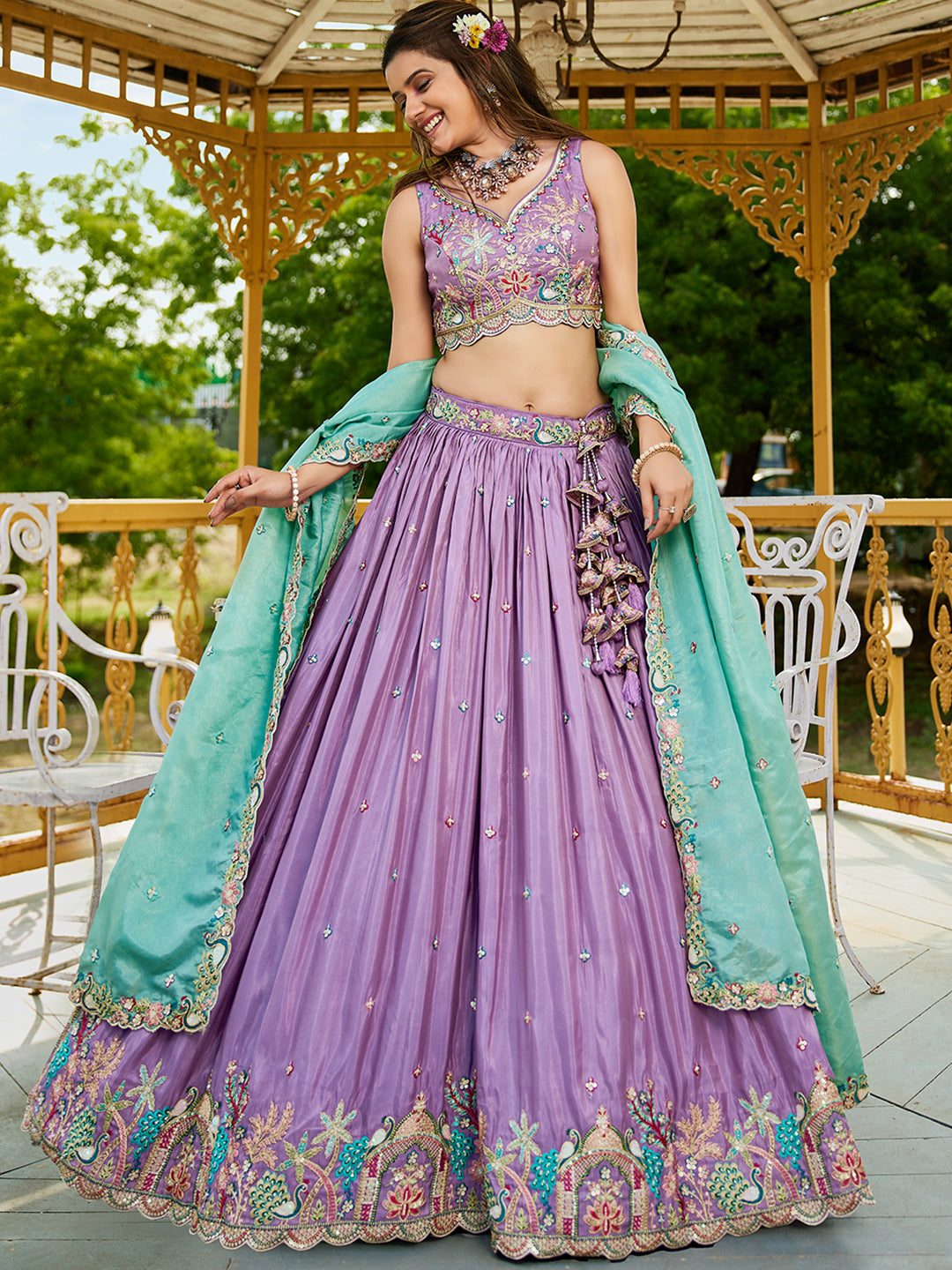 Lavender - Satin Sequinse embroidery Semi-Stitched Lehenga choli & Dupatta - qivii
