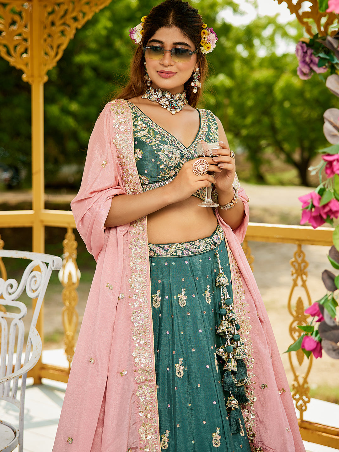 Teal - Chinnon Sequinse embroidery Lehenga choli & Dupatta
