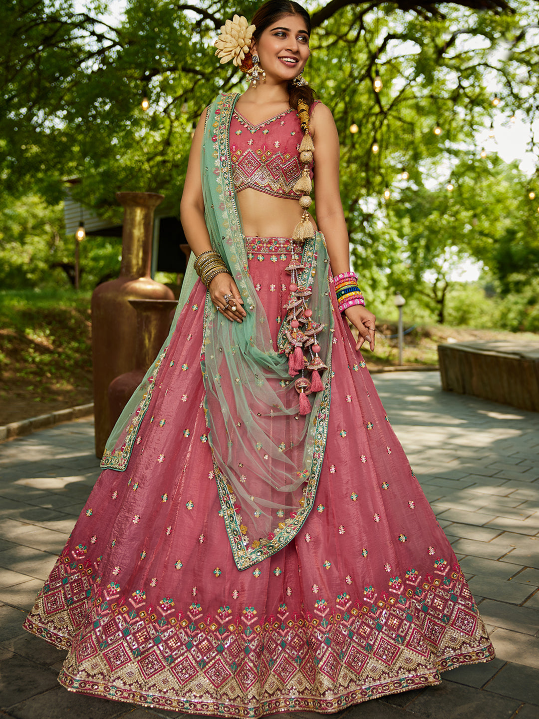 Pink - Tissue Sequinse embroidery Lehenga choli & Dupatta