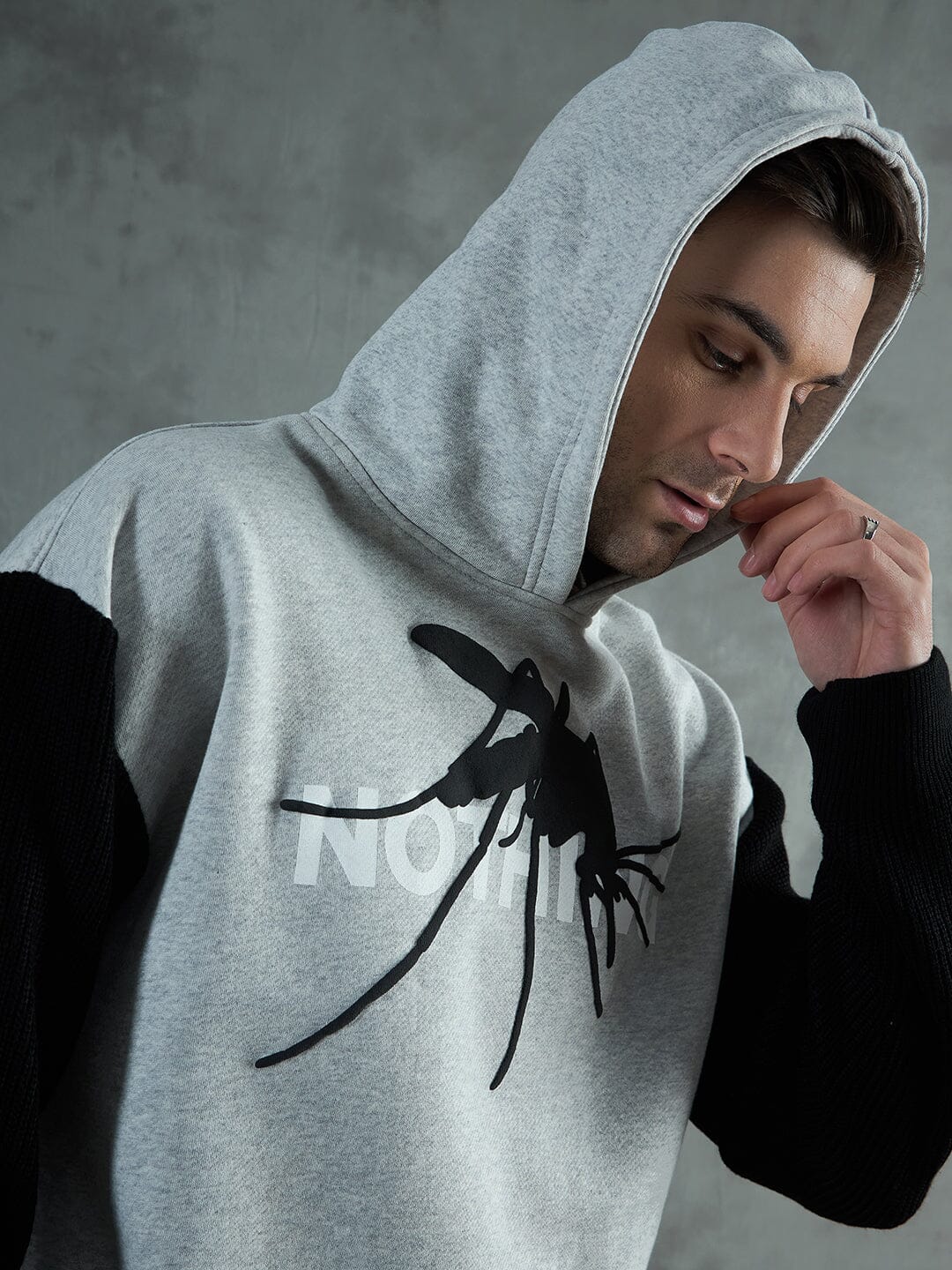 Grey Cropped Hoodie With Contrast Sleeves