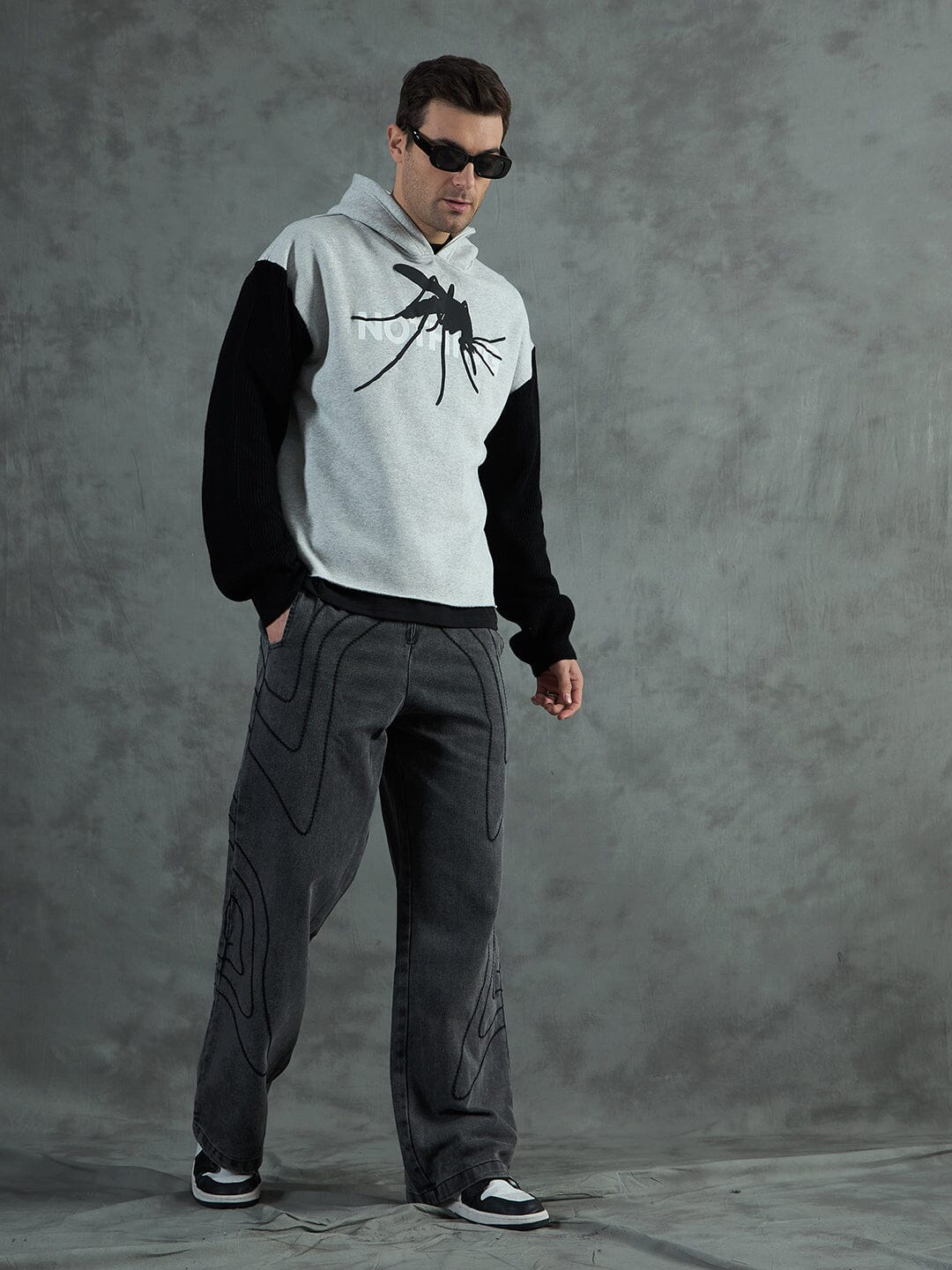 Grey Cropped Hoodie With Contrast Sleeves