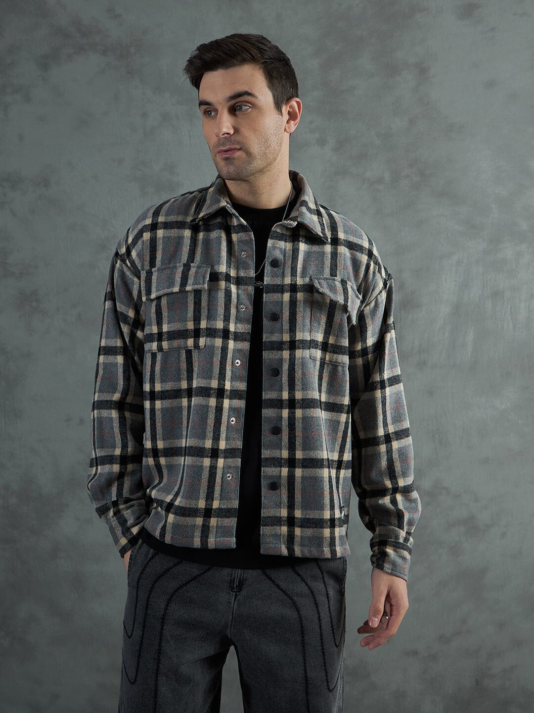Grey Plaid Woollen OverShirt - qivii