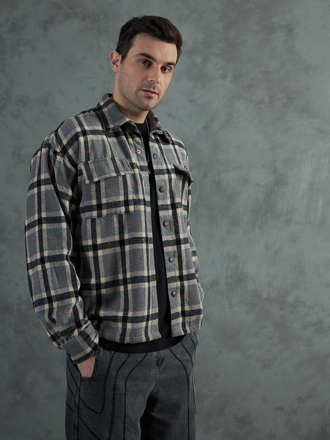 Grey Plaid Woollen OverShirt - qivii