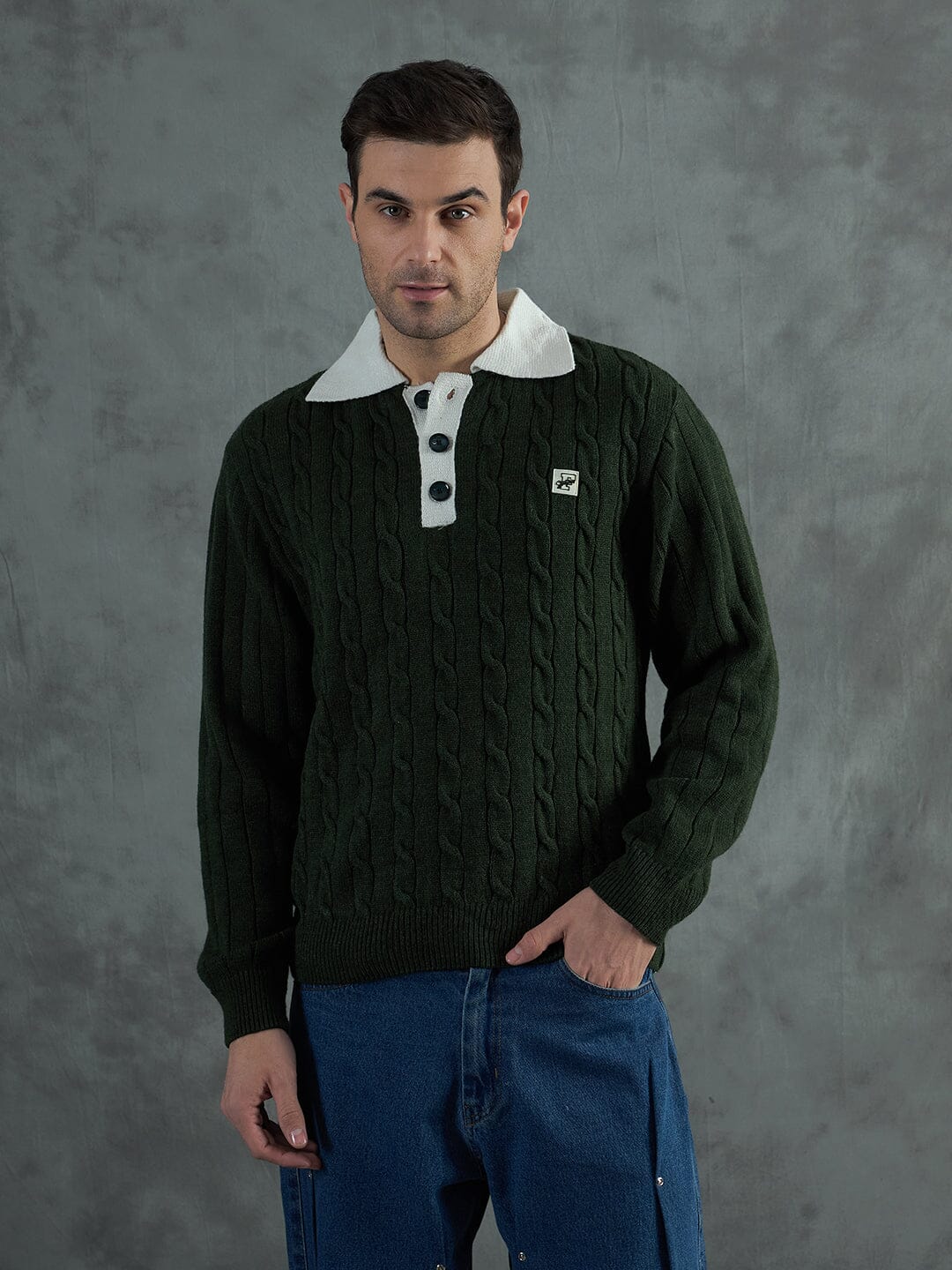 Green Cable Knit Polo Sweater