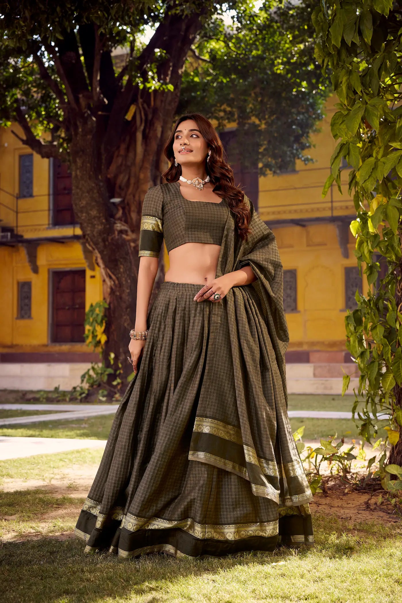 Dark Grey Zari Weaving Cotton Lehenga choli