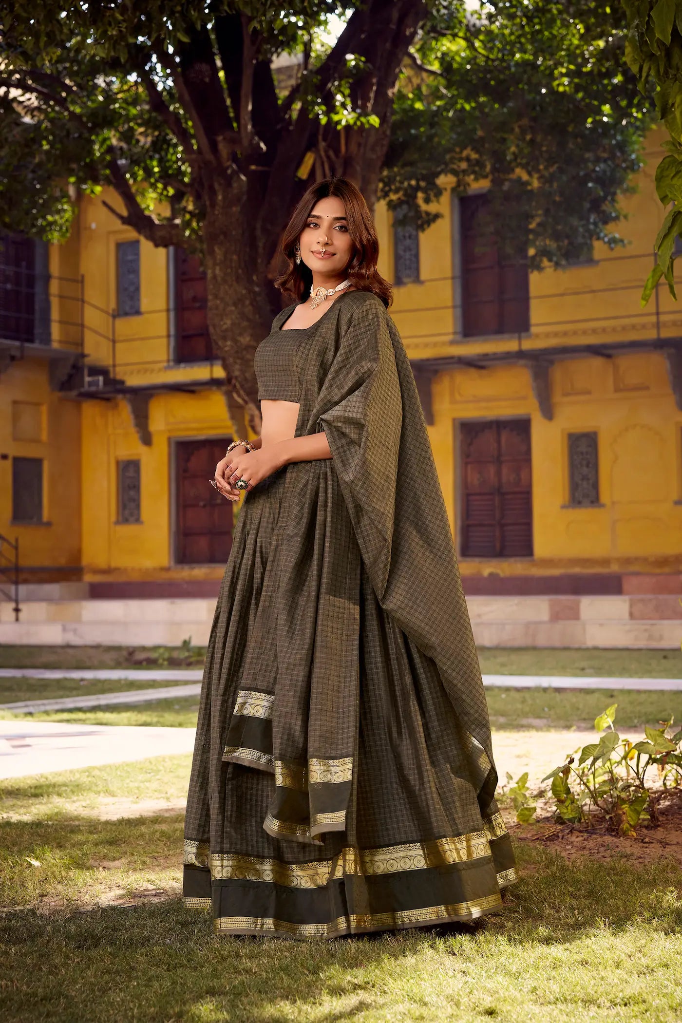 Dark Grey Zari Weaving Cotton Lehenga choli